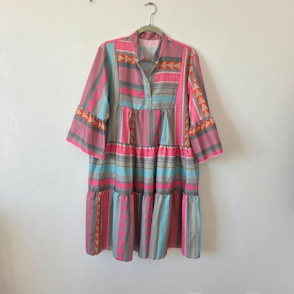 Colorful Swing Dress Linen Geometric Tribal Beach Vacation Resort Tropical Large